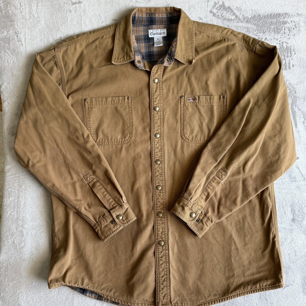 Carhartt Mens XL Tall Tan Flannel Lined Canvas Snap Front Shirt Jacket Shacket